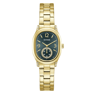 Quarzuhr GUESS "ELEANOR", gold (goldfarben, grün, grün), Armbanduhren, Damen, goldfarben, Quarzuhr, Armbanduhr, Damenuhr, Edelstahlarmband, analog