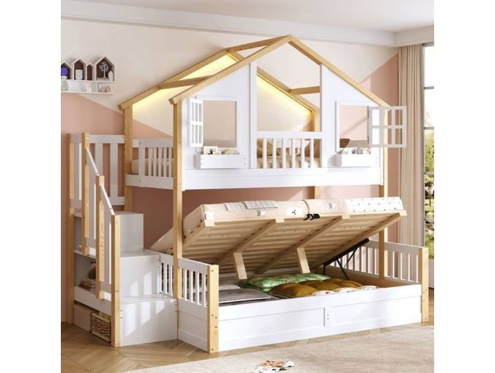 lit superposé 90x200+140x200 structure bois massif lit superpose cabane escalier rangement lit gigogne LED intégrées