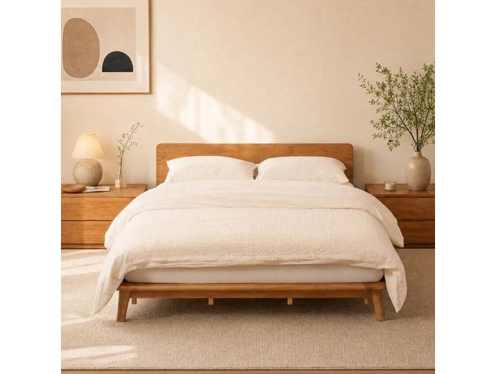 FlexiSpot Structure de Lit En Bois D'Hévéa - 160x216 cm Support à Lattes en Bois - Espace de rangement - Lit Double Montage Facile