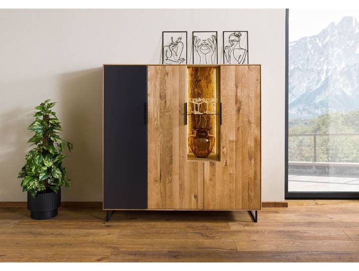 Highboard Wildeiche mit Glastür 142x43x145 natur geölt LINDAU #117