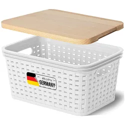 Novaliv Aufbewahrungsbox mit Holzdeckel Mini 2L Korb Weiß in Rattan Design Lebensmittelecht Aufbewahrungskorb Stapelbox Nestbar Kunststoff BPA-frei Kiste Verstaubbox mit Deckel