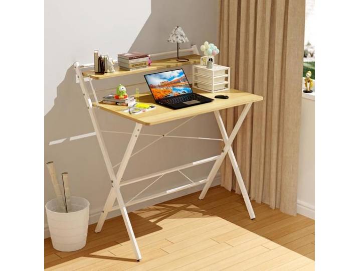LVHCMFOHM Bureau Pliable Bois Clair 80x50cm avec Étagère Supérieure Cadre Métallique Ultra-Gain de Place pour Petits Espaces