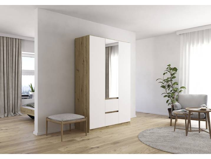 Drehtürenschrank Mainz 136cm Holz/Weiß/Alpinweiß/Eiche Artisan Dekor Classic mit Spiegeltür/-en