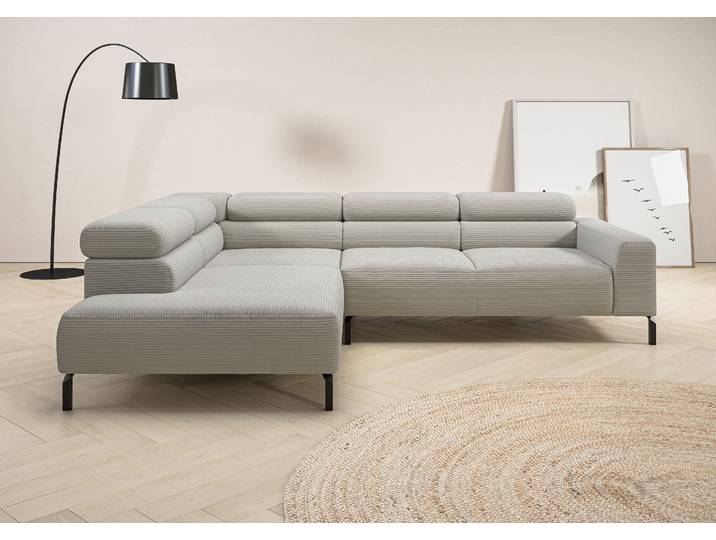 Ecksofa, Cord, Hellgrau 276×219 cm, Elektrische Sitztiefenverstellung, Modern, Places of Style