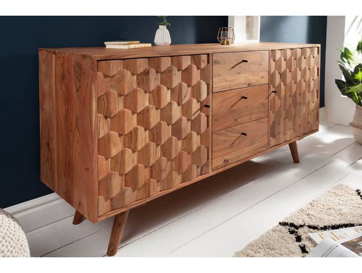 MYSTIC LIVING Massivholz Sideboard 145cm Akazie natur, 3D-Design, Retro, 3 Schubladen, beige