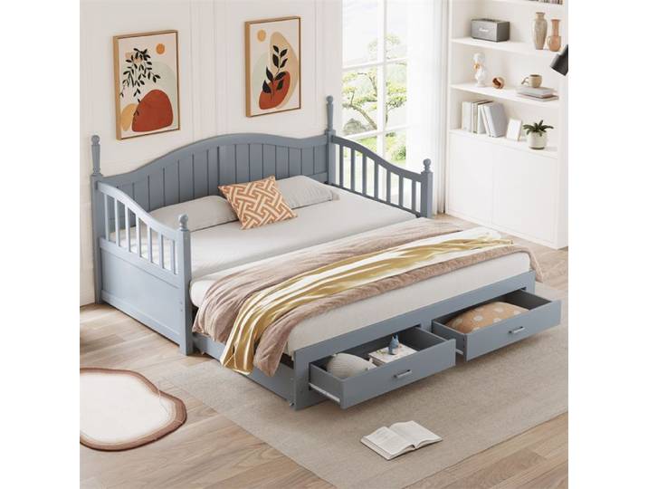 DRIPEX Canapé-lit convertible en bois massif 90/180*190cm Lit maison avec colonnes romaines et tiroirs barrières incurvés Gris