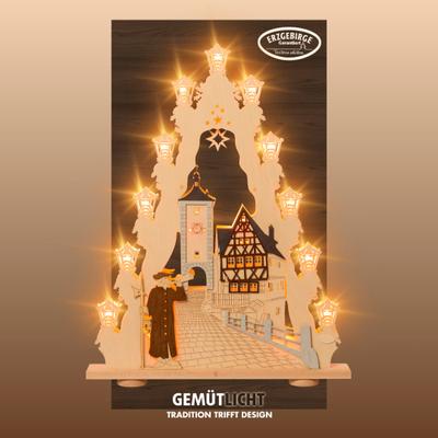 LED Lichterbogen WEIGLA "Rothenburg ob der Tauber, Holz Lichterspitze, Fachwerk,Made in Germany", braun (natur, braun, schwarz), B:52cm H:67cm T:6cm, Holzwerkstoff, Schwibbögen, Erzgebirge garantiert, Weihnachtsdeko Innen, Weihnachtsbeleuchtung