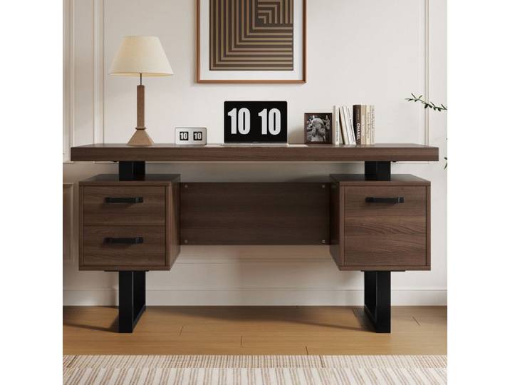 NuvlaGu - Bureau minimaliste Bureau d'étudiant avec 3 tiroirs plateau spacieux pieds en métal 135 x 54 x 76 cm Marron