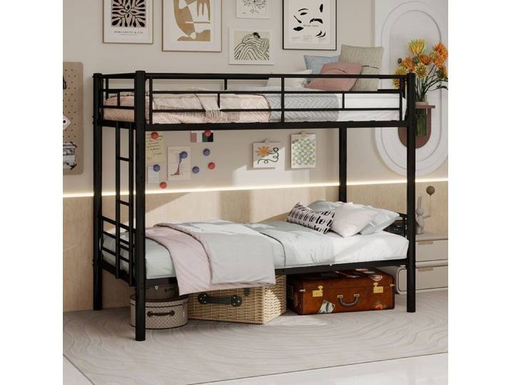 Lit superposé - WESTYLE - Classique - 2x90x190 convertible - Structure métal noir - Échelle intégrée