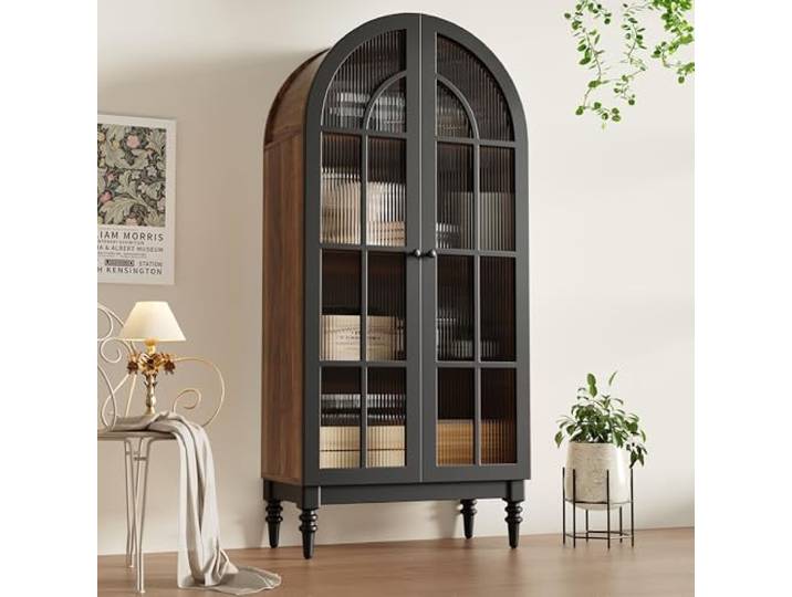 Aunvla Hoher Bogen-Aufbewahrungsschrank, freistehende hohe Bogen-Aufbewahrungstür für Küche und Wohnzimmer,Küchenschrank, Aufbewahrungsschrank,Vitrine mit Glastüren,Schrank mit Holzmaserung