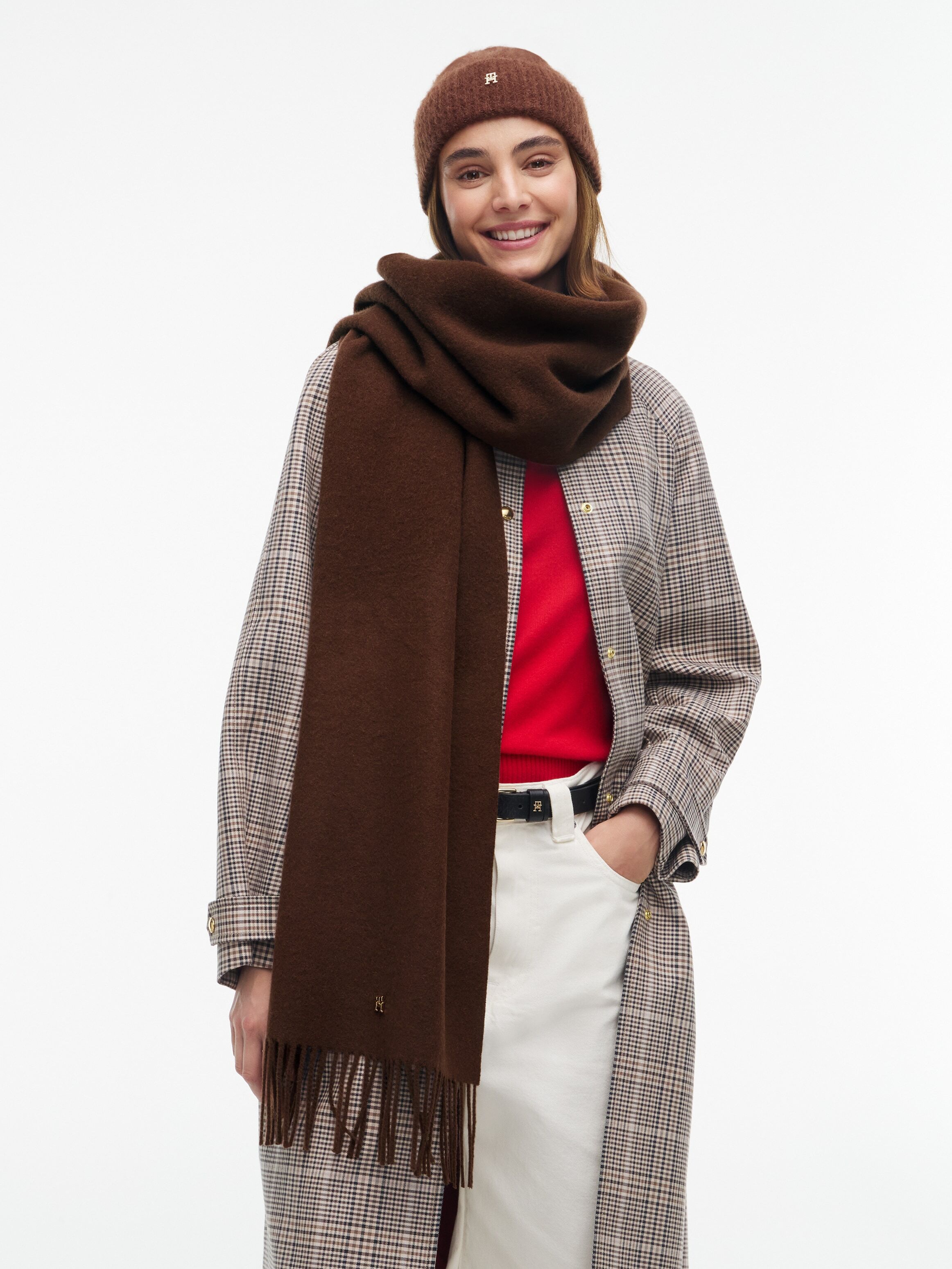 Schal TOMMY HILFIGER "TH ELEVATED CHIC WOVEN", Damen, braun (truffle braun), Web, Wolle, Modetücher Schal, aus reiner Wolle, mit Fransen truffle braun Einheitsgröße