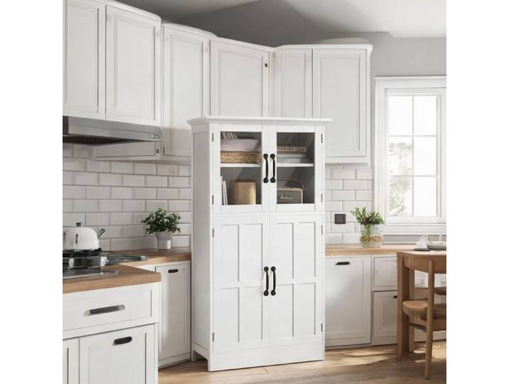 Buffet blanc contemporain 2 portes vitrées et 2 portes pleines 4 étagères MDF