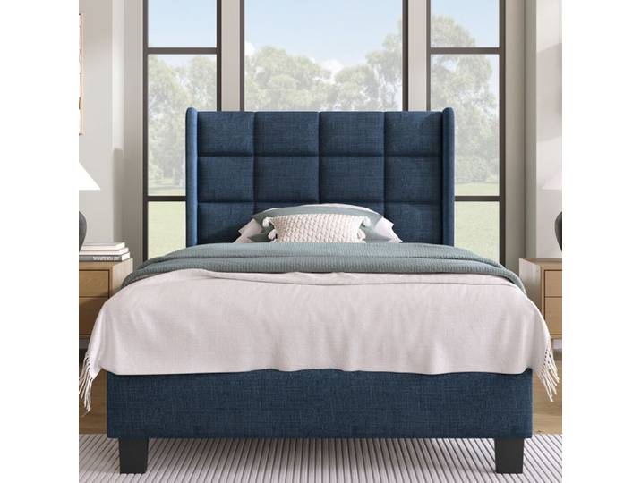 Design moderne Lit rembourré avec sa tête de lit rembourrée Lit simple avec sommier à lattes 90x200cm en lin bleu moyennement fer