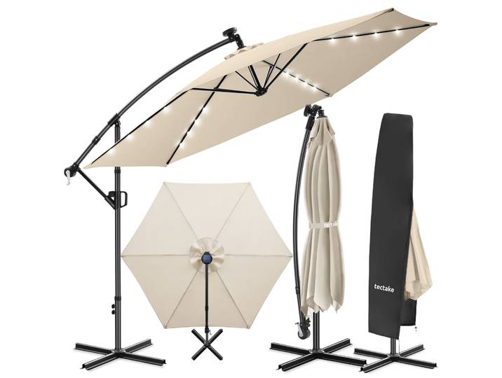 Parasol à pied déporté Artemis, pivotant à 360°, LED solaire, 3,5 x 3,5 m - beige