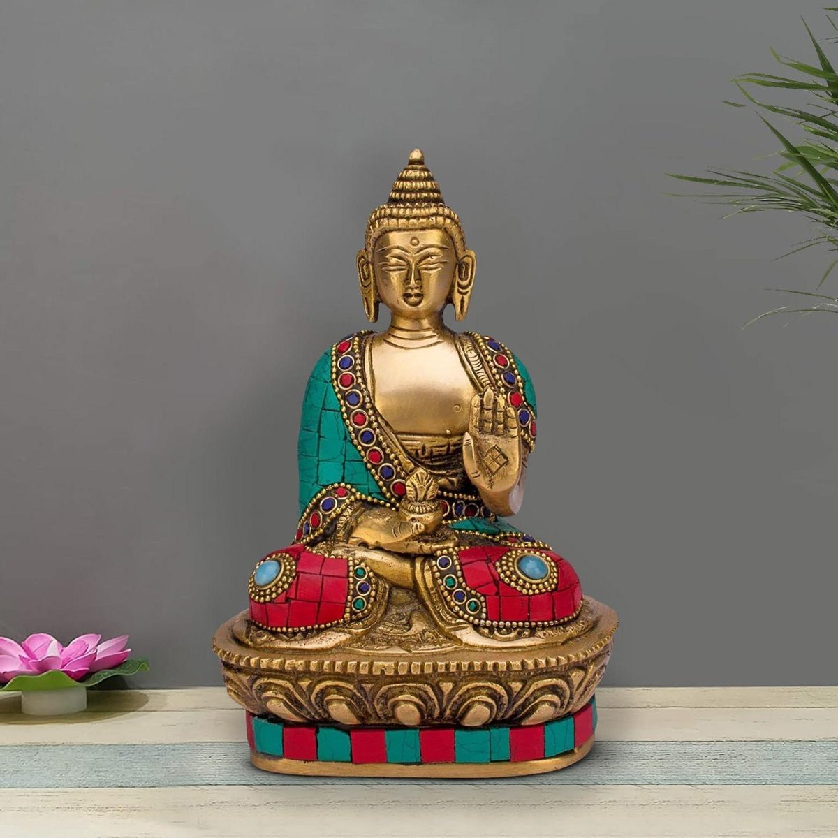 Handgemaakt Buddha Vitarka Beeldje met Kleurstenen - Multicolor - Hoogte: 17.5 cm