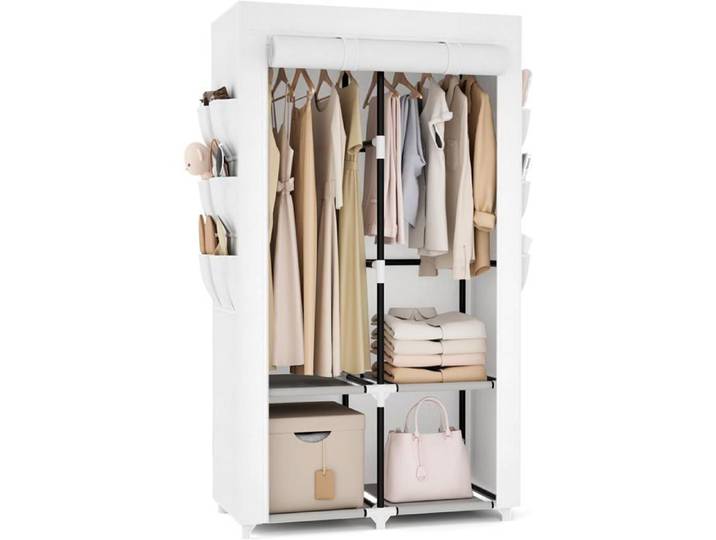 Armoire Portable Tissu - 4 Étagères 2 Tringles 6 Poches Penderie Pliable Couvercle Range Vêtements Chambre Blanc