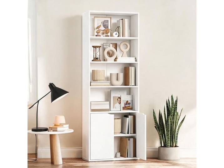 Bibliothèque contemporaine blanche avec 3 étagères ouvertes et placard fermé 59x29x180 cm panneau de particules