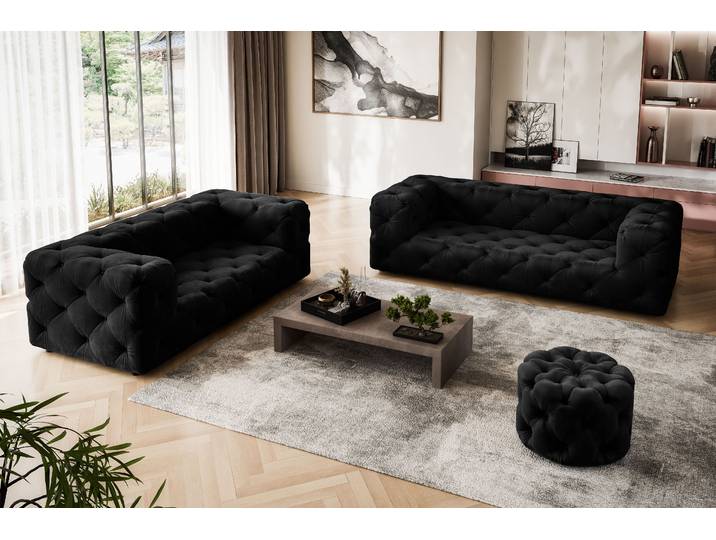 2-Sitzer HOME AFFAIRE FOLLINA , schwarz, B:193cm H:71cm T:100cm, 100% Polyester, Sofas, 2-Sitzer, 2-Sitzer Sofa mit klassischer Chesterfield-Knopfheftung
