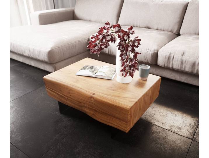 Table basse New Live Edge 80x60 cm acacia naturel 2 tiroirs pied flottant métal noir