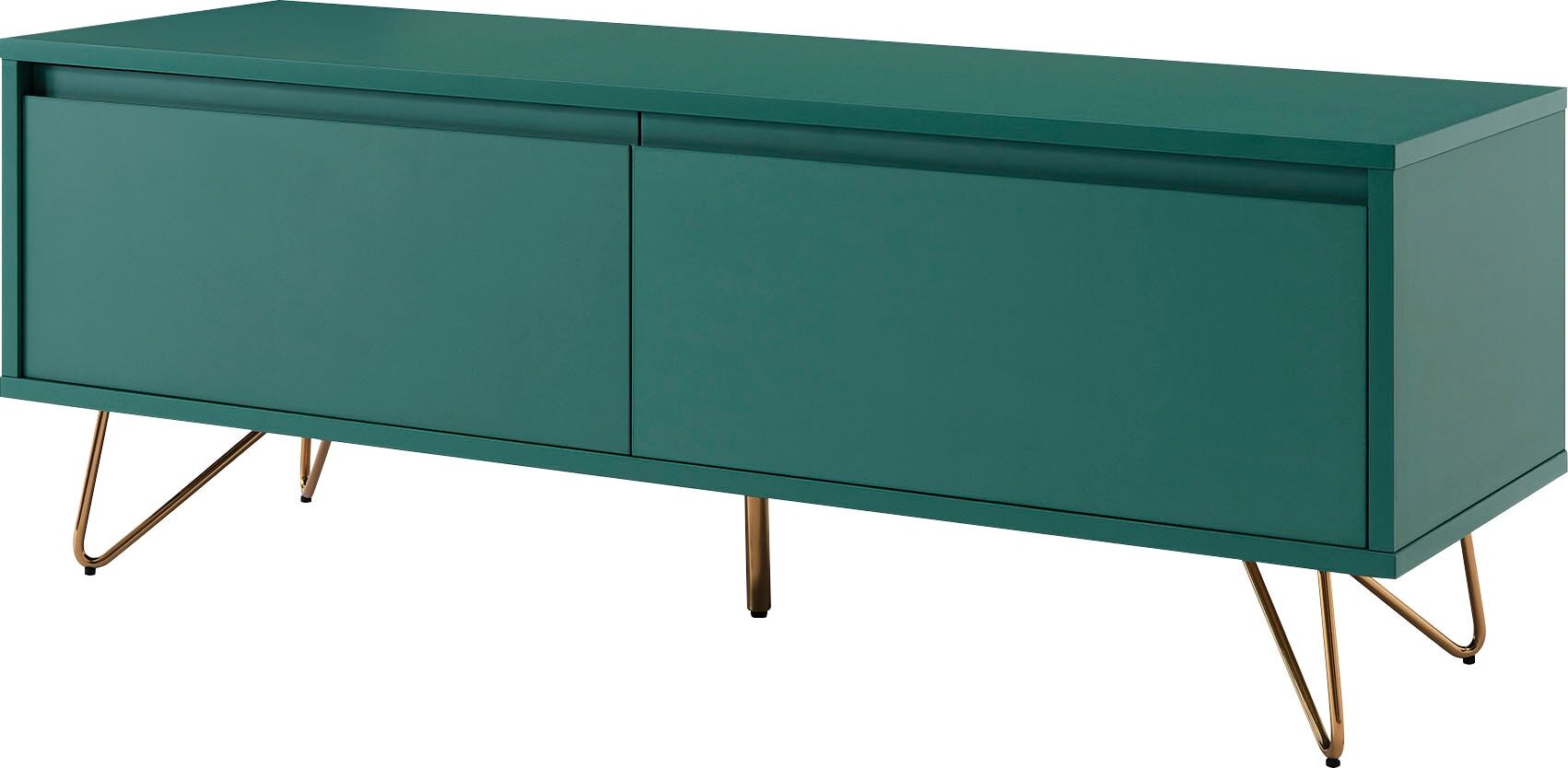 Lowboard SALESFEVER "Bolton - TV-Kommode in schlichter Eleganz", grün (grün, gold), B:120cm H:45cm T:40cm, MDF, Metall, Sideboards, Lowboard, Kommode, Haarnadelbeine aus Metall mit Messinglegierung grün, gold B/H/T: 120cm x 45cm x 40cm, 1 Stk.