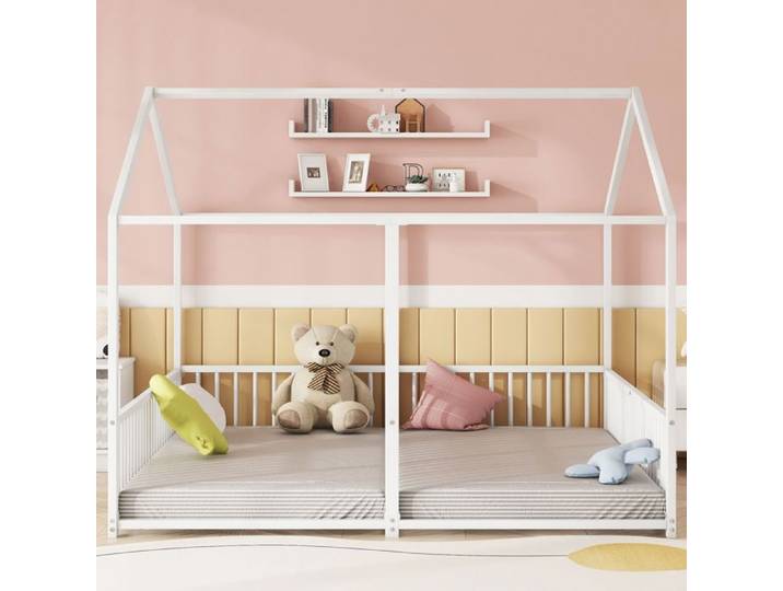 Lit cabane enfant - SOGEU - Lit Cabane - 90x200 cm - Métal blanc - 2 places