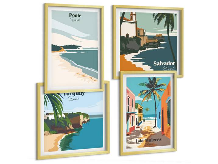 Tulup Bilder SET 4er Set - 50x50 cm & 40x60 cm Goldrahmen - Tropische Strände und Palmen, Goldfarben, Kunststoff, Rechteckig, 50x50 cm, Fotografie, Bilder & Rahmen, Bilder