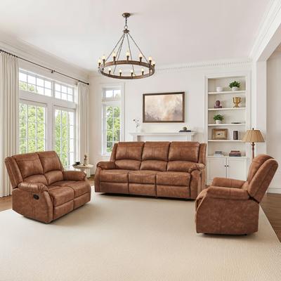 Velocisca Manual 3-Piece Recliner Sofa Set, Modern Faux Leather Recliner Sofa, 3 Piece Couch Sets For Living Room
