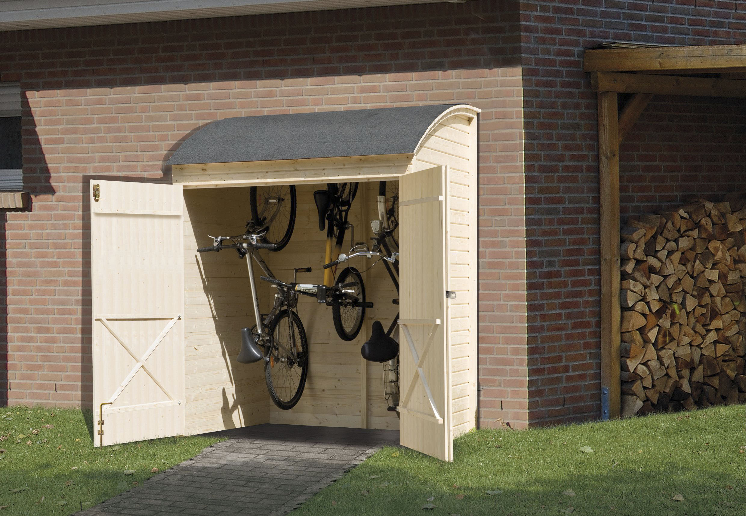 Aufbewahrungsbox WEKA "Fahrrad- und Mehrzweckbox aus naturbelassenem Fichtenholz", beige (natur), B:171cm H:223cm T:138cm, Holz teilmassiv, Aufbewahrungsboxen, Aufbewahrungsbox, 19 mm starke Wände, BxT: 160x134cm, Firsthöhe: 220cm