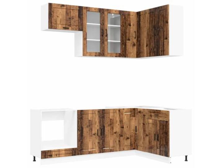 HKTMGDNG Küchenzeile PORTO 8-teilig Küchenschrank Set Altholz Holzwerkstoff Flexibles 8-teiliges Küchenmöbel Set für die Küche: Mit verstellbaren Füßen, Glasvitrine, Eckschrank und Wandsicherung.