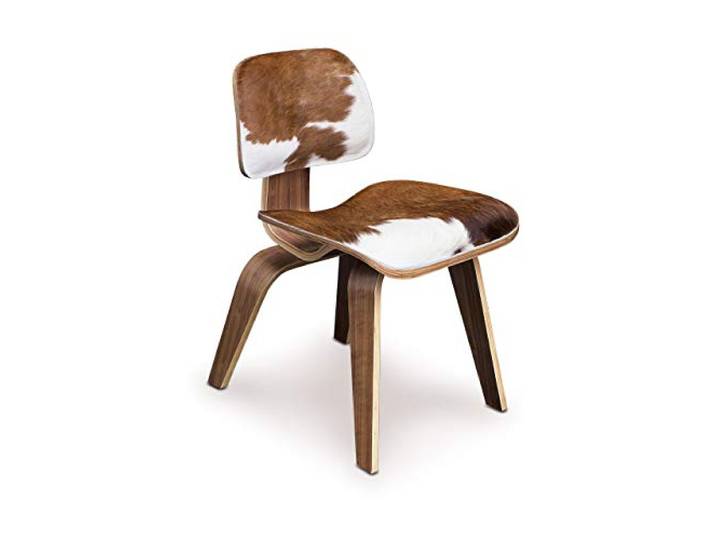 NEUERRAUM Ergonomischer Walnuss Kuhfell Esszimmer Stuhl mit gefedertem Rückenteil. Echtes Walnuß Furnier und echtes Kuhfell.