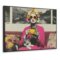 LEINWAND Bilder mit Rahmen - Frau - Katze - Blumen - Tasse - Retro - 70x50
