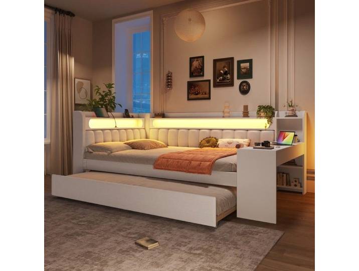 Lit jour capitonné - Zephmum - 140x200 USB LED tiroir extensible bureau blanc