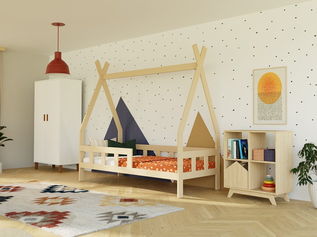 Kinder-Tipi-Bett FENCE 4-in-1 aus Holz mit Barriere 90x190 cm Marineblau, Mit einer Barriere