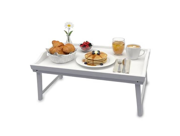 Plateau de lit Relaxdays\, Bambou\, H x L x P : 20 x 50 x 30 cm\, Plateau avec Pieds et poignées\, Petit-déjeuner\, Blanc