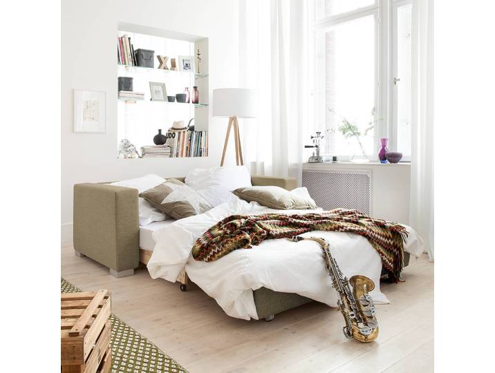 home24 Slaapbank Basic beige/beige stof Doran 193cm met slaapfunctie modern