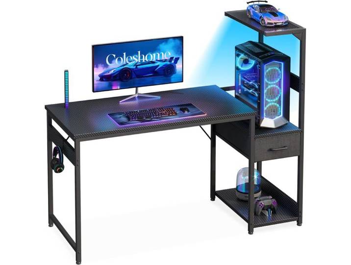 Coleshome Bureau Gaming avec Éclairage LED 120x48cm Noir Fibre Carbone