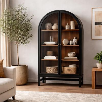 Benjara Curio Display Cabinet, 2 Glass Arch Doors, 2 Tone Black and Brown