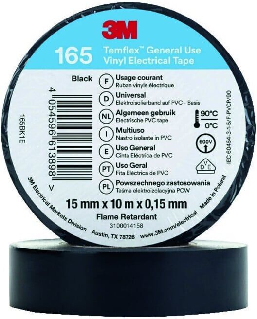 3M Temflex 165 Ruban isolant vinyle noir 15 mm x 10 m (7100184723)