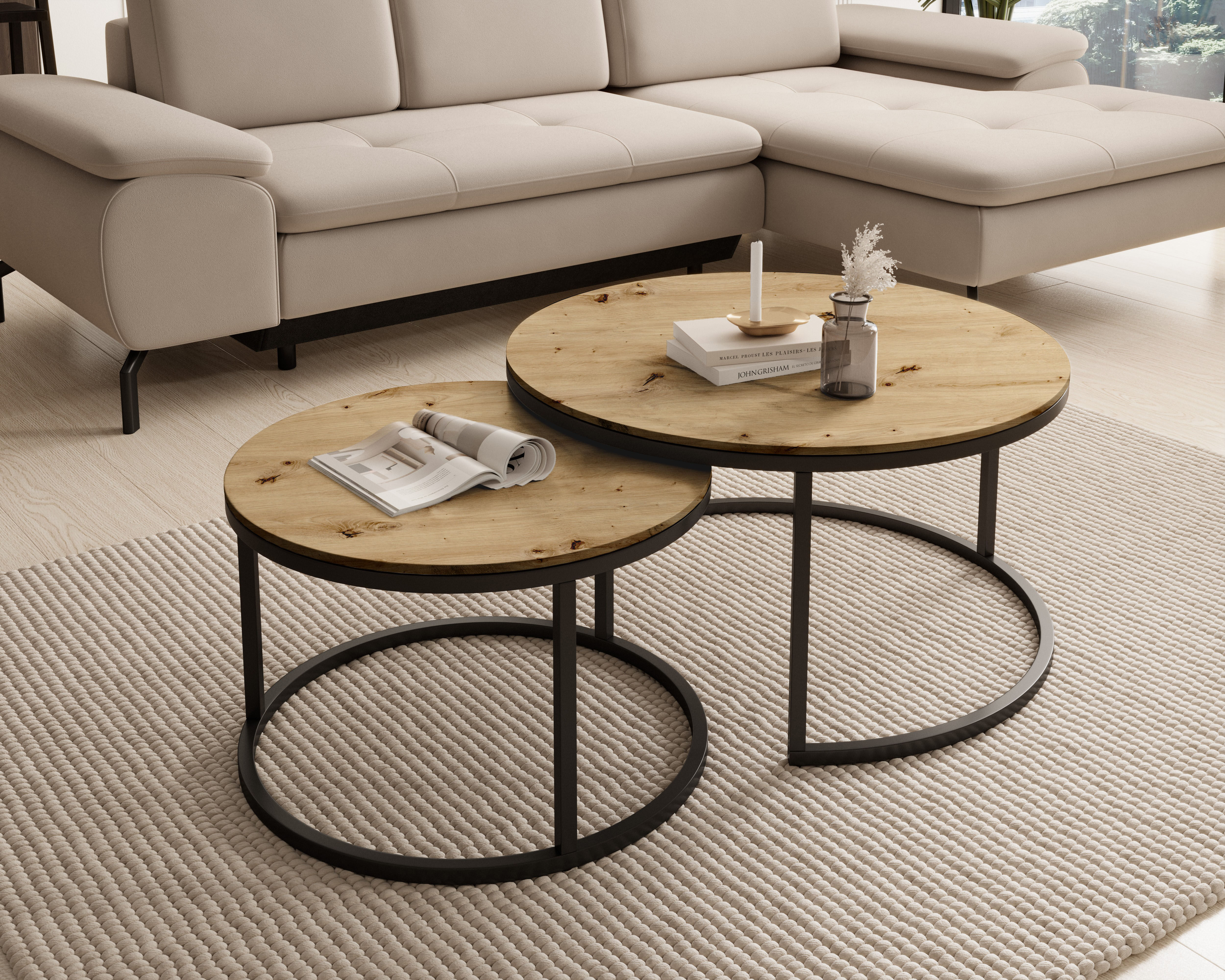 Couchtisch STOLKOM "Gino 2 Ø/H 80x75 cm & 60x40 cm", holzoptik, schwarz, schwarz, holzoptik, H:45cm, Tische, Couchtisch, 2er Set, 15mm MDF,PVC-Beschichtung holzoptik, schwarz, schwarz, holzoptik B/H/T: 45cm