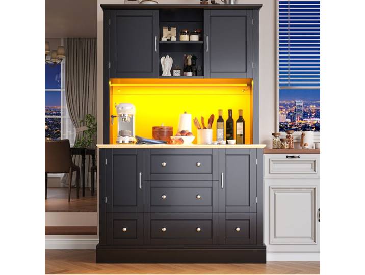 Buffet haut LED AESVAR noir en MDF portes et tiroirs commande par application anti-basculement