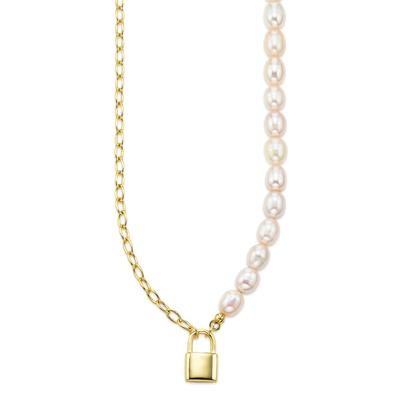 Kette mit Anhänger FIRETTI "Schmuck, Geschenk, Kette und Anhänger in Schloss-Optik", gold (gelbgoldfarben, weiß), Halsketten, Damen, Perlen Silber 925 (Sterlingsilber), L: 45 B: 3mm, Perlen, Silber 925 (Sterlingsilber), mit Perle (synth.), B:3mm