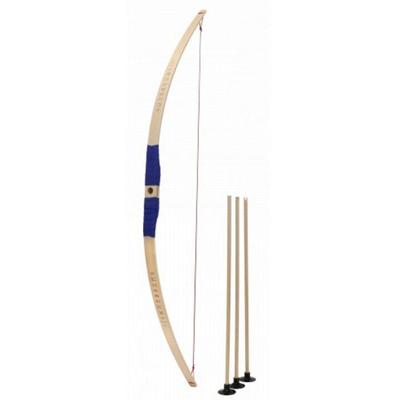 BestSaller 1271 - Kinder-Bogen mit Loch inkl. 3 Pfeilen, Buchenholz, 80cm, Holz-Bogen, Griff mit blauer Kunststoffwickelung