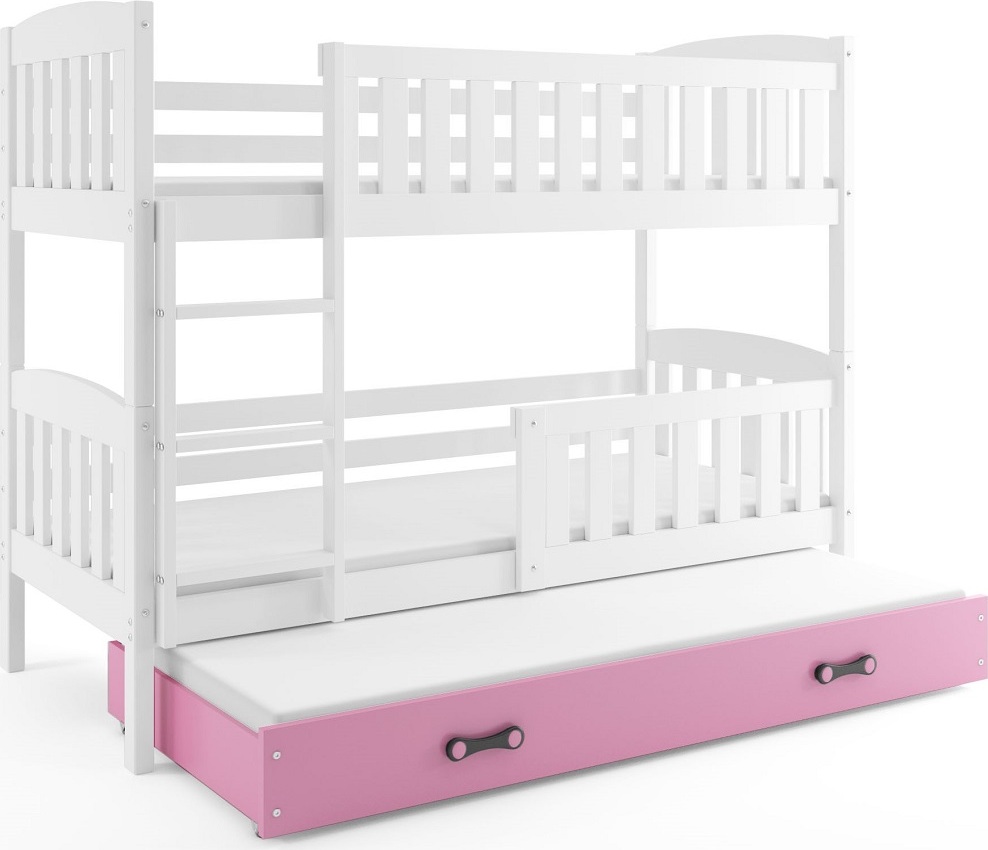 Interbeds QUBA Etagenbett für drei Kinder, 190x90 cm, aus Kiefernholz in Weiß und Rosa