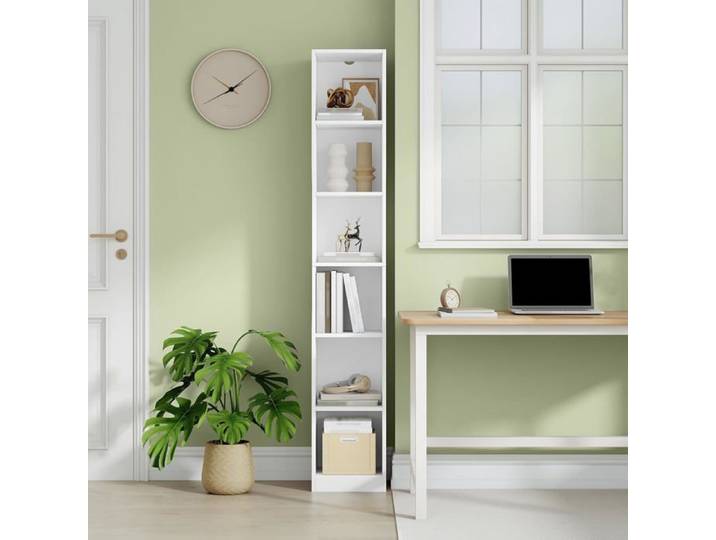 Bibliothèque Étagère à 6 Niveaux Bibliothèque Étroite Etagère Cube Meuble de Rangement Livres pour Bureau Salon Blanc