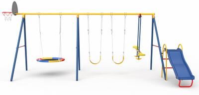 Kodotan sofa Swing Sets for Backyard with Kids Slide Outdoor Heavy-Duty Metal Playset 6 in 1 Swing Set with Slide
