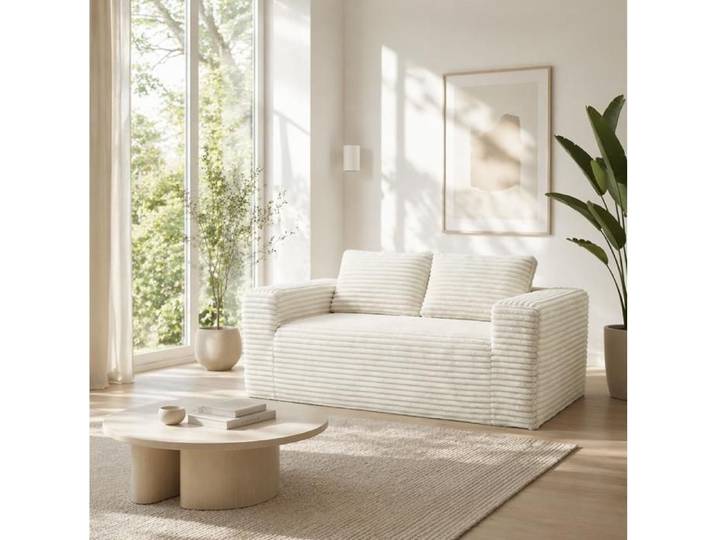 Canape 2 Places Beige En Tissu Cotele Canape Droit Moderne FloraGrace Pour Petit Espace Sans Montage 160x88x58cm