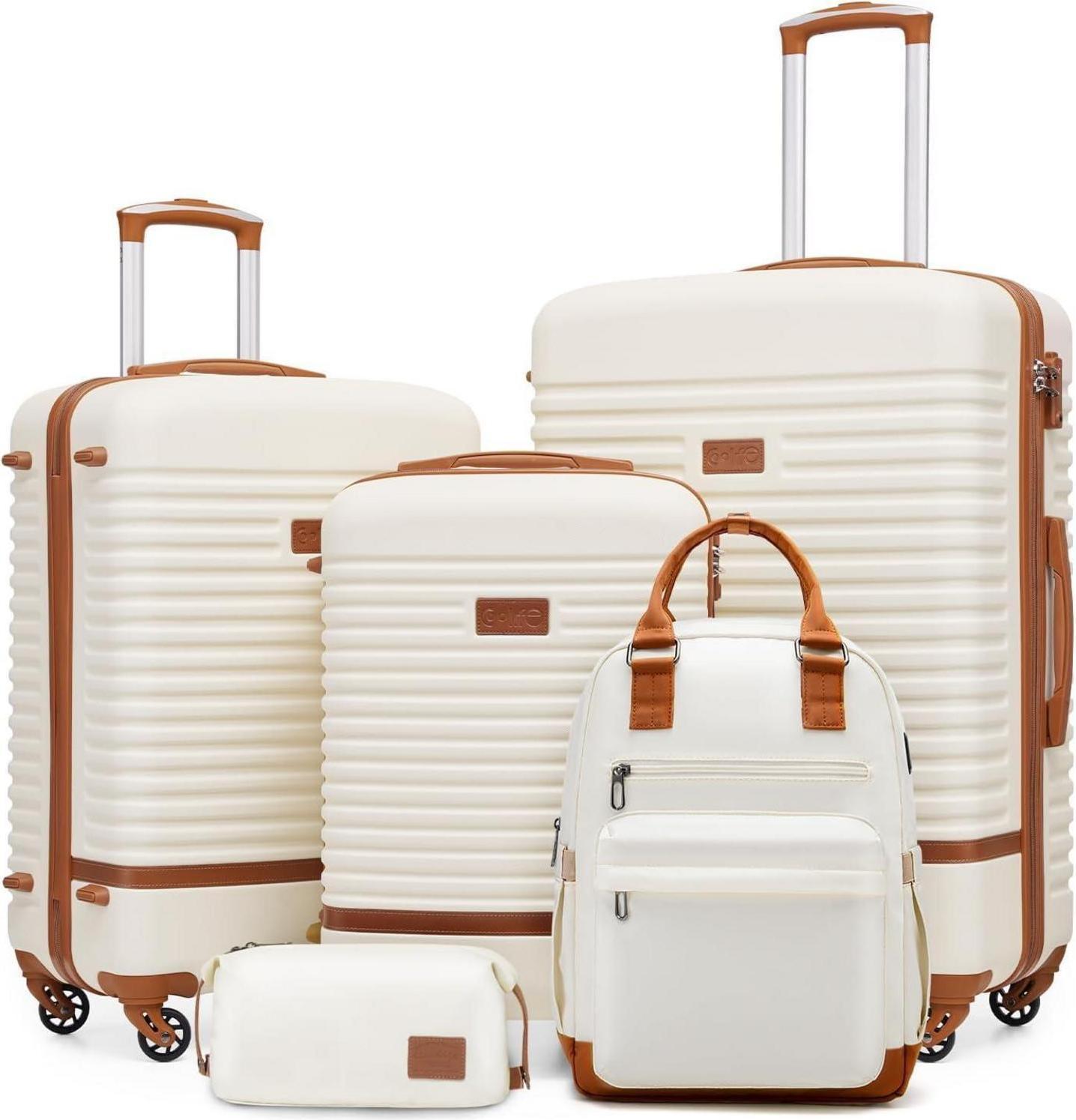 COOLIFE Koffer Trolley Reisekoffer ABS Hartschale 4 Rollen TSA-Schloss 5tlg Weiß/Braun