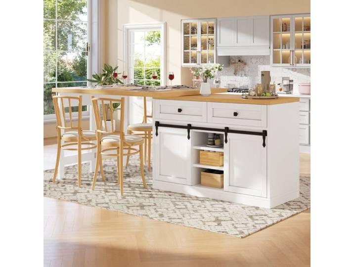 VUENOR Îlot central de cuisine 120-197 x 40 x 72 cm blanc – plateau pivotant 360° 2 tiroirs