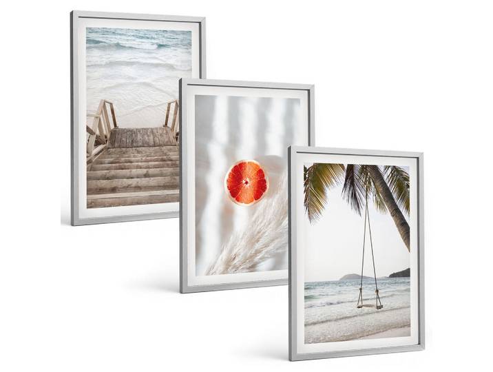 Tulup Bilder SET 3er Set - 40x60 cm Silberner Rahmen - Strandtreppe aus Holz, Urlaub, Silberfarben, Kunststoff, Rechteckig, 40x60 cm, Fotografie, Bilder & Rahmen, Bilder