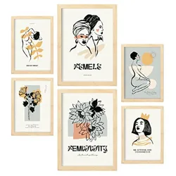 POSTER Set Mit 6 In Schwarzer Tinte Weiblichkeit Kunstdrucke Im Skizzenstil Für Innenarchitektur A3 & A4 Rahmen Aus Hellem Holz